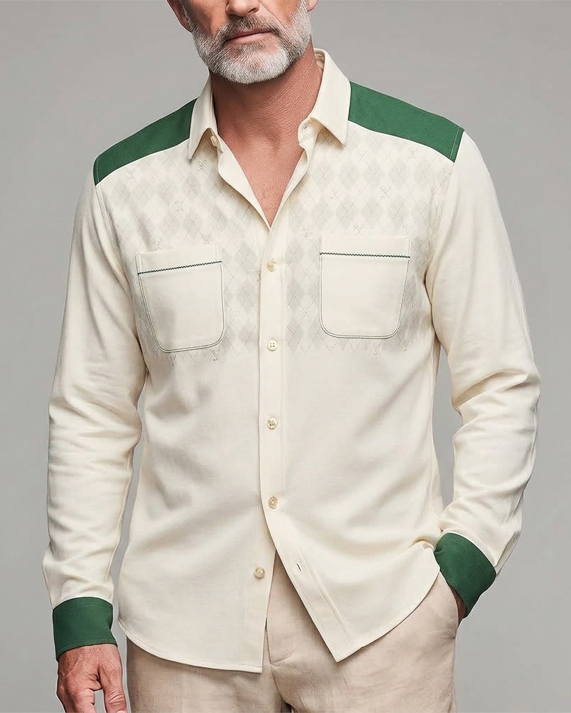 Men's Beige Green Color-block Regular Fit Retro Smart Casual Argyle Jacquard Knit Long Sleeve Shirt