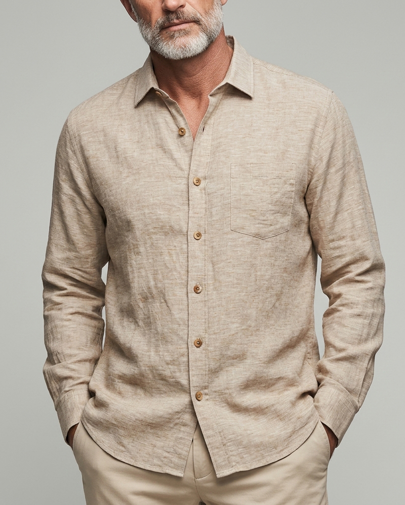 Men's Oatmeal Linen Regular Fit Old Money Casual Plain Long Sleeve Button-down Shirt
