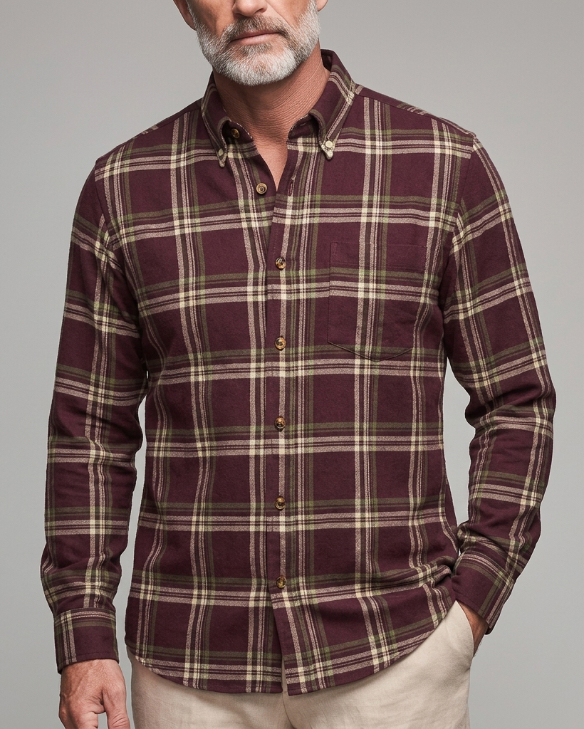 Men's Burgundy Olive Plaid Regular Fit Ivy Casual Brushed Cotton Long Sleeve Shirt