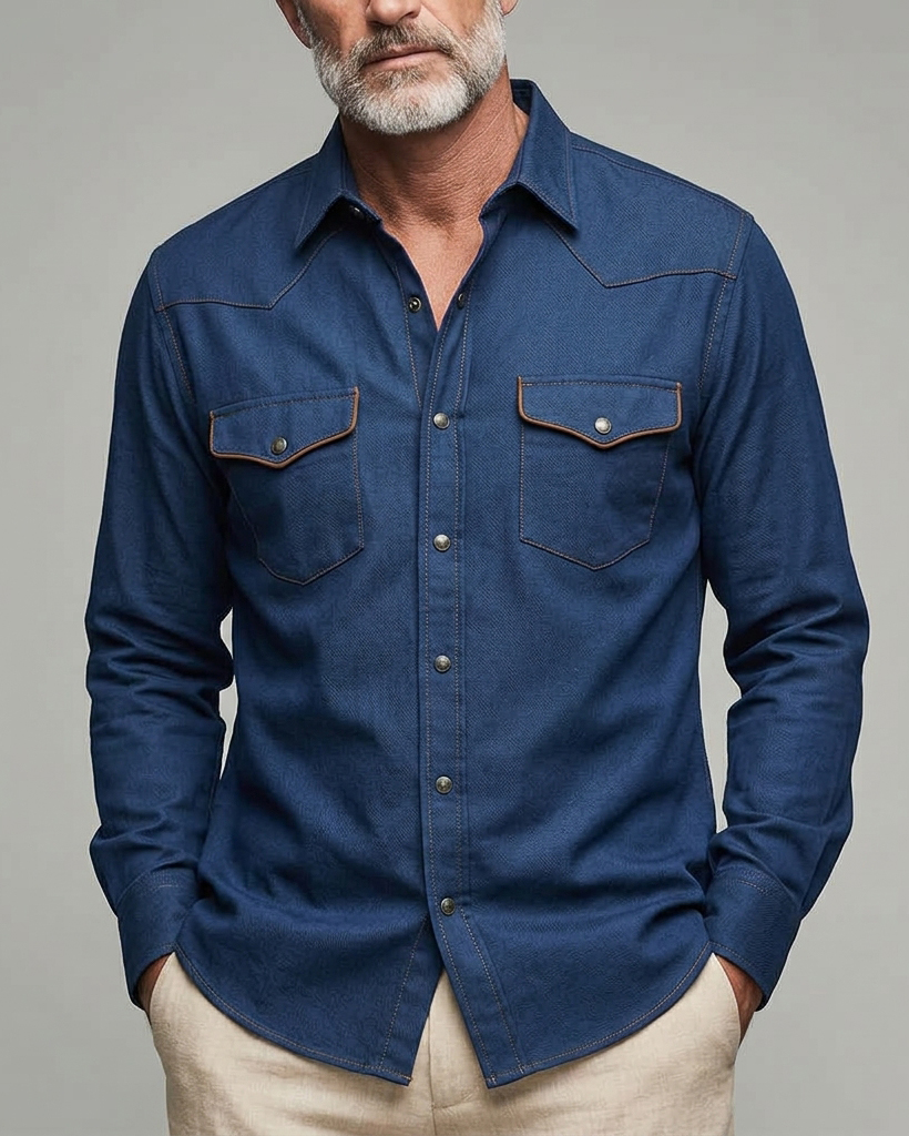 Men's Indigo Western Regular Fit Cowboy Plain Denim Long Sleeve Shirt