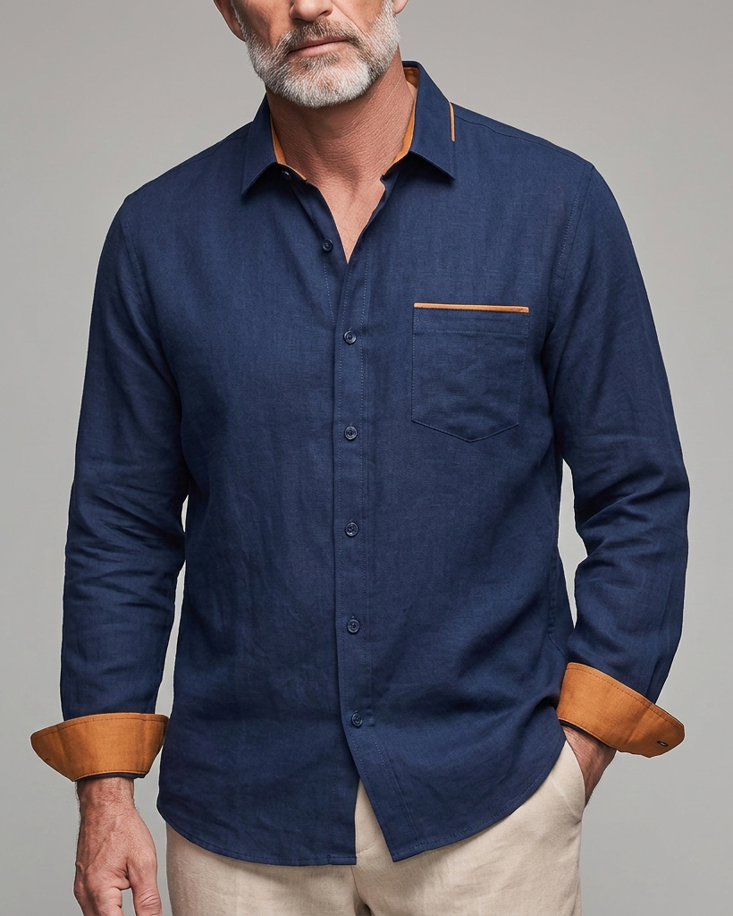 Men's Navy Tan Trim Regular Fit Smart Casual Linen Long Sleeve Shirt