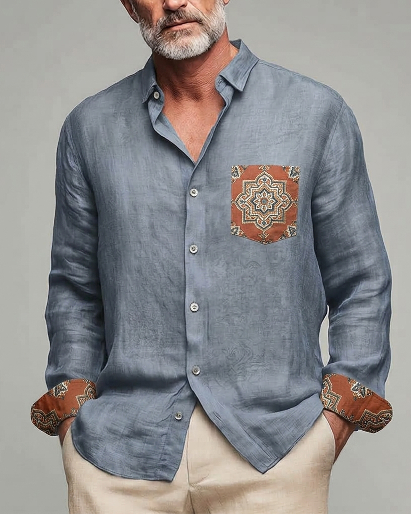 Men's Slate Blue Paisley Patchwork Regular Fit Boho Casual Linen Long Sleeve Shirt