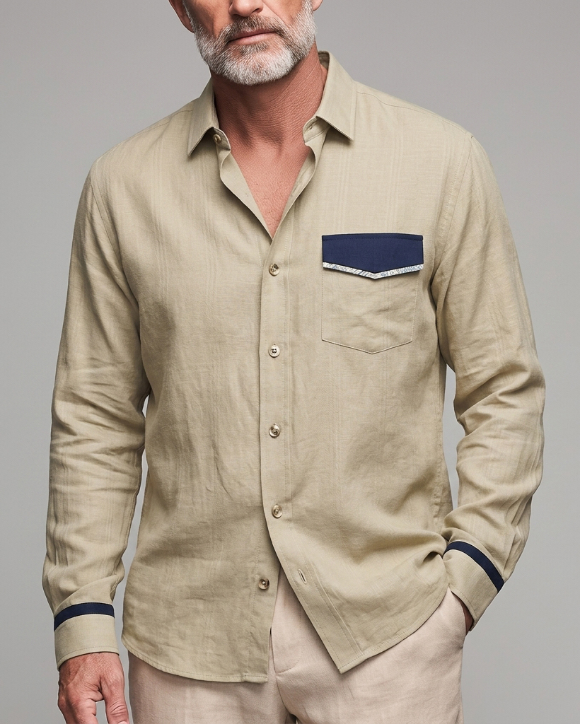 Men's Khaki Navy Trim Regular Fit Old Money Subtle Stripe Linen Long Sleeve Shirt