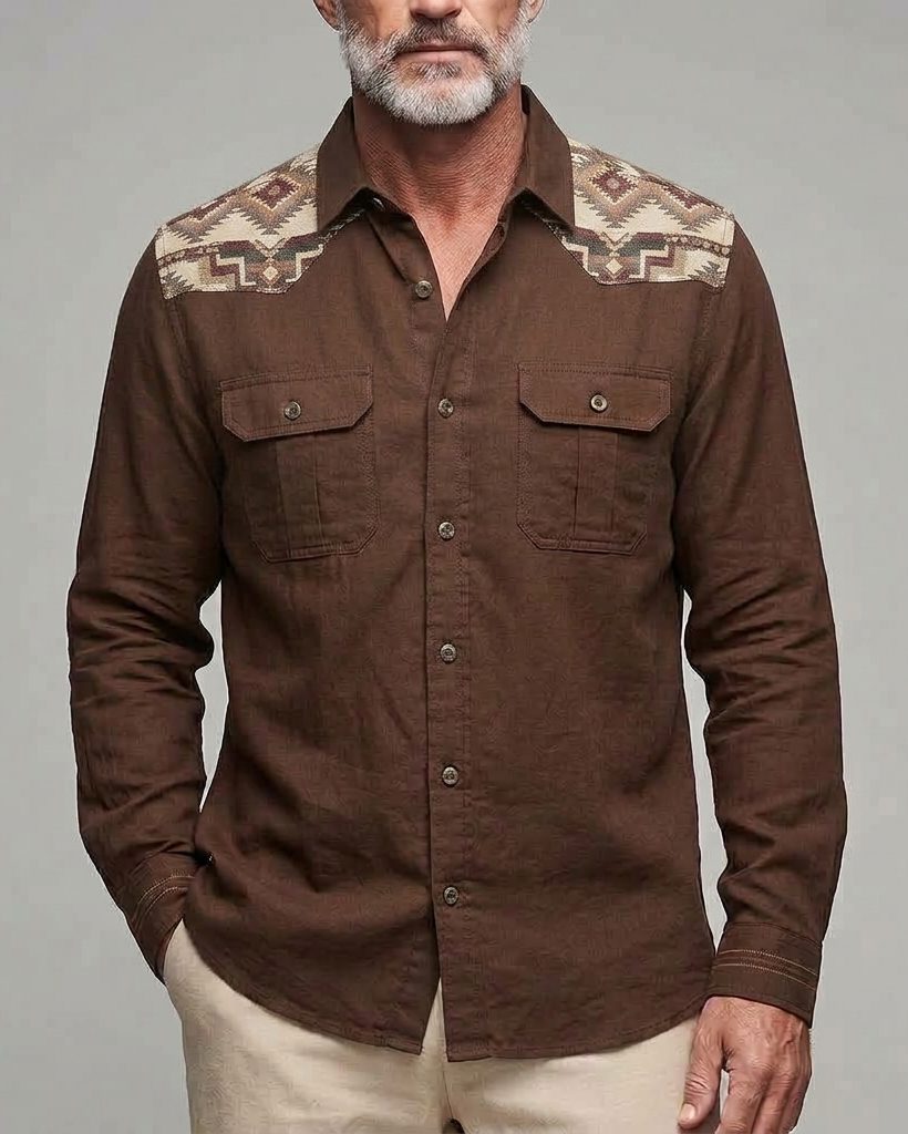 Men's Brown Aztec Yoke Regular Fit Western Casual Linen Long Sleeve Shirt