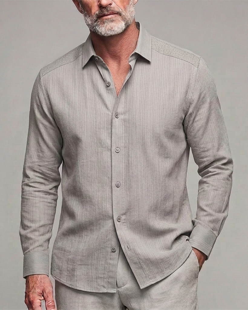Men's Light Grey Textured Regular Fit Old Money Linen Blend Long Sleeve Shirt