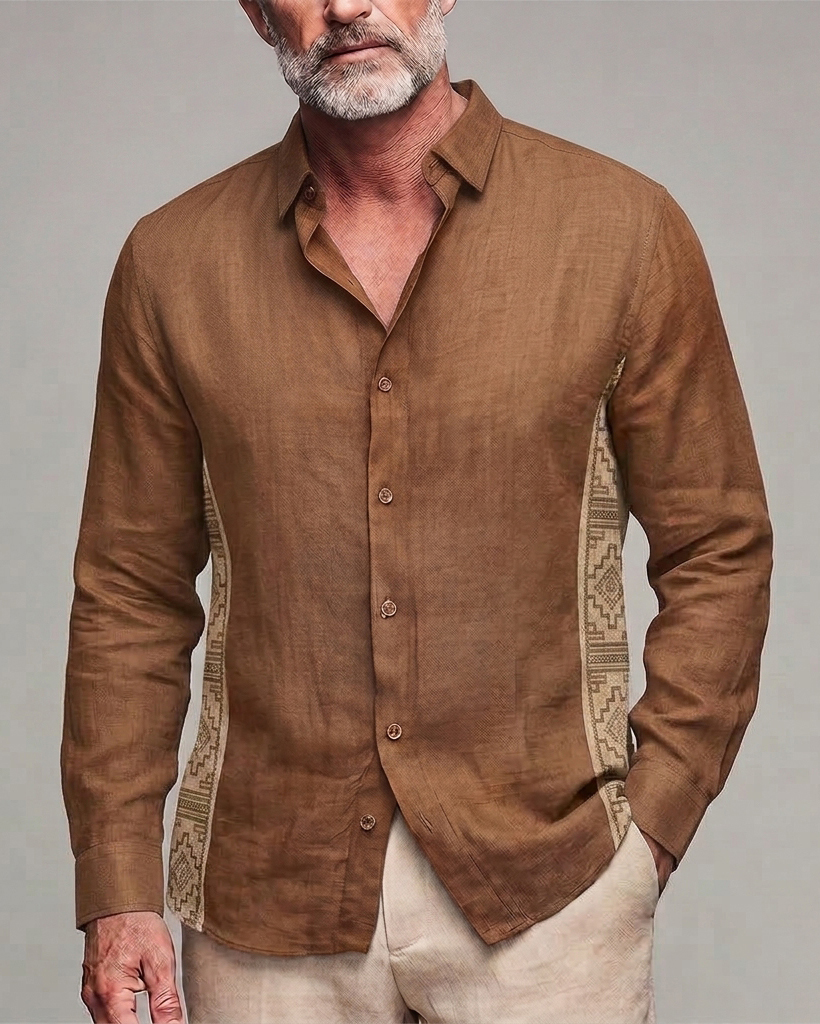Men's Brown Navajo Patchwork Regular Fit Linen Blend Long Sleeve Shirt