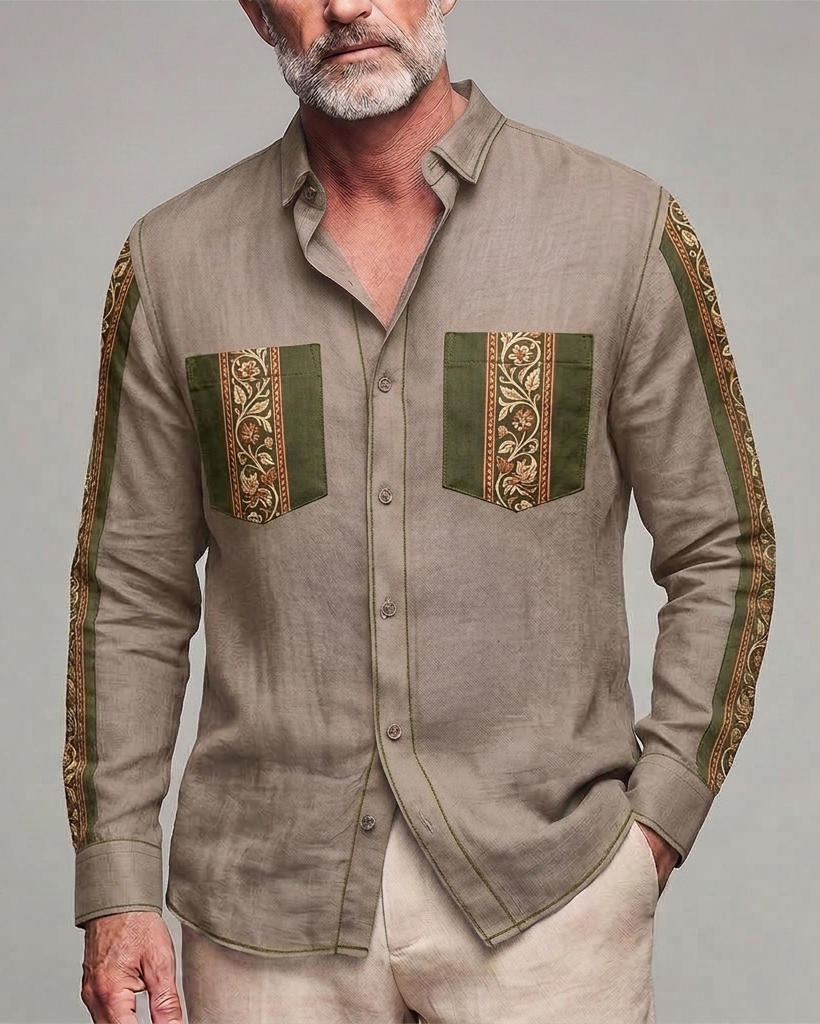 Men's Khaki Green Floral Patchwork Regular Fit Ethnic Linen Long Sleeve Shirt