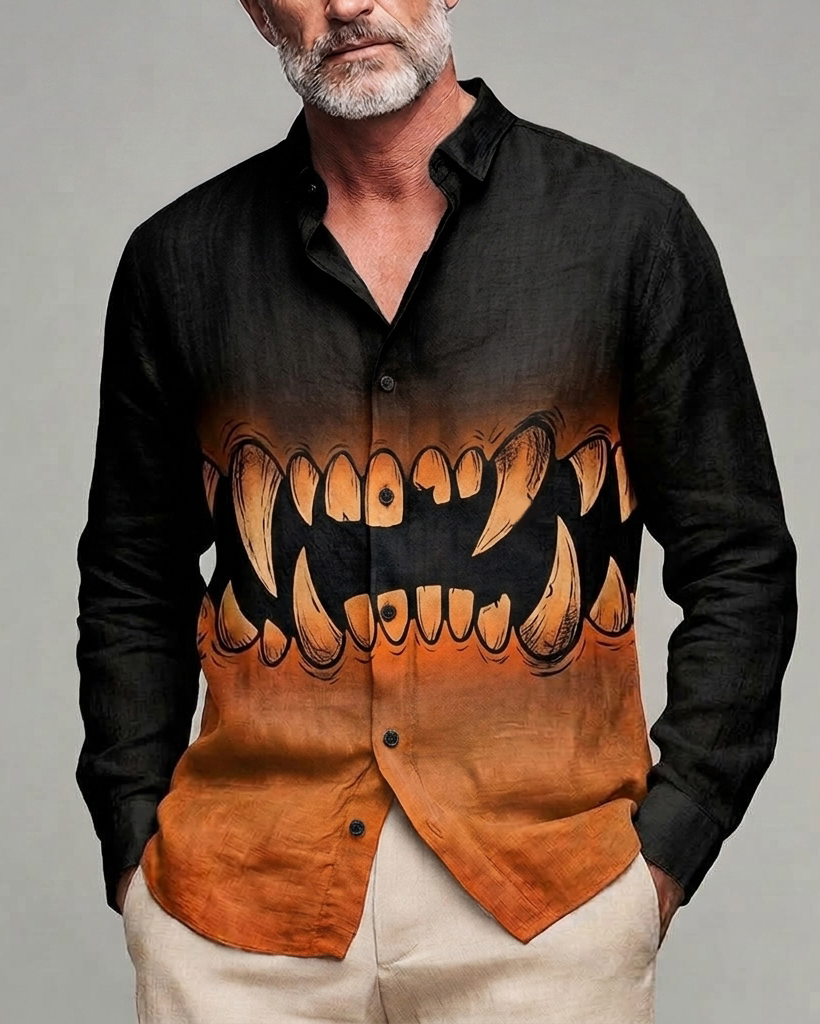 Men's Black Orange Gradient Fangs Print Regular Fit Linen Blend Long Sleeve Shirt