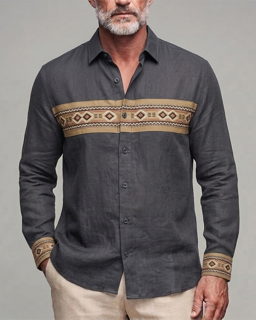Men's Dark Grey Navajo Stripe Regular Fit Casual Linen Blend Long Sleeve Shirt