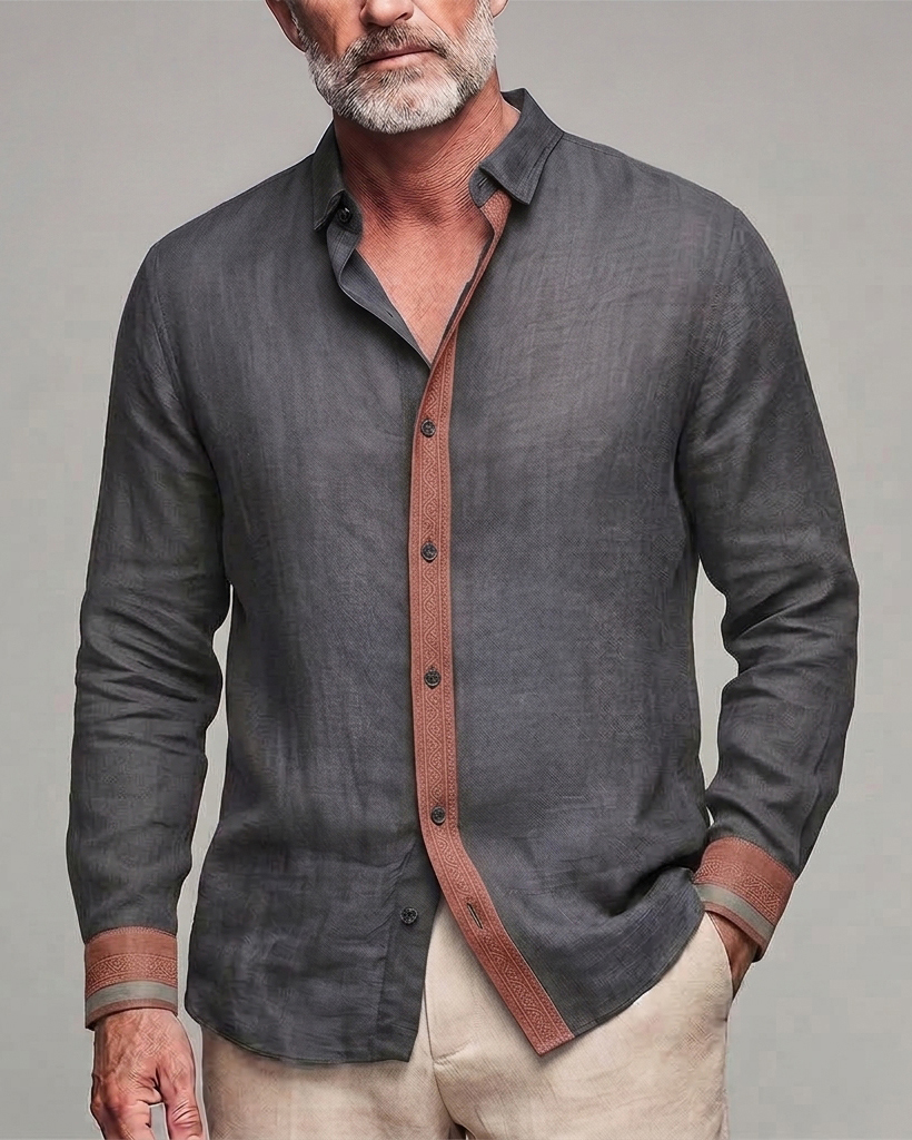 Men's Dark Grey Brown Trim Regular Fit Old Money Linen Blend Long Sleeve Shirt