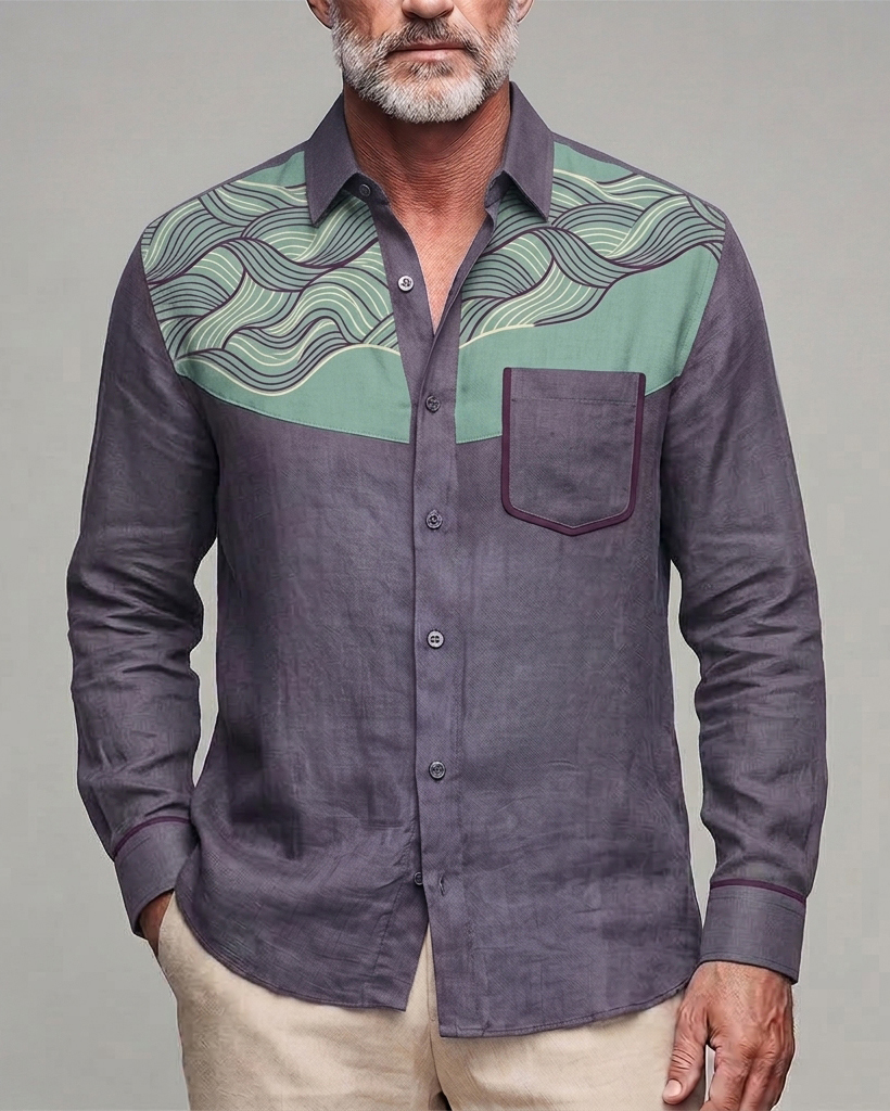 Men's Purple Grey Green Wave Print Regular Fit Casual Linen Blend Long Sleeve Shirt