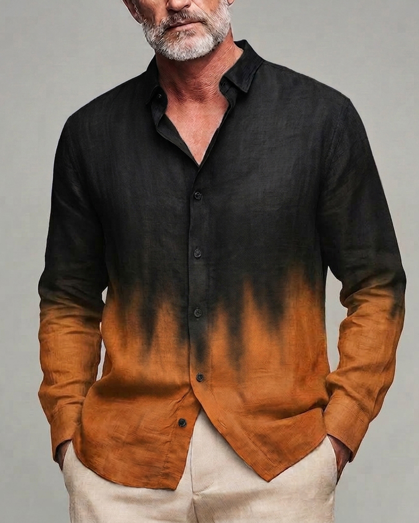 Men's Black Brown Tie-Dye Gradient Regular Fit Linen Blend Long Sleeve Shirt