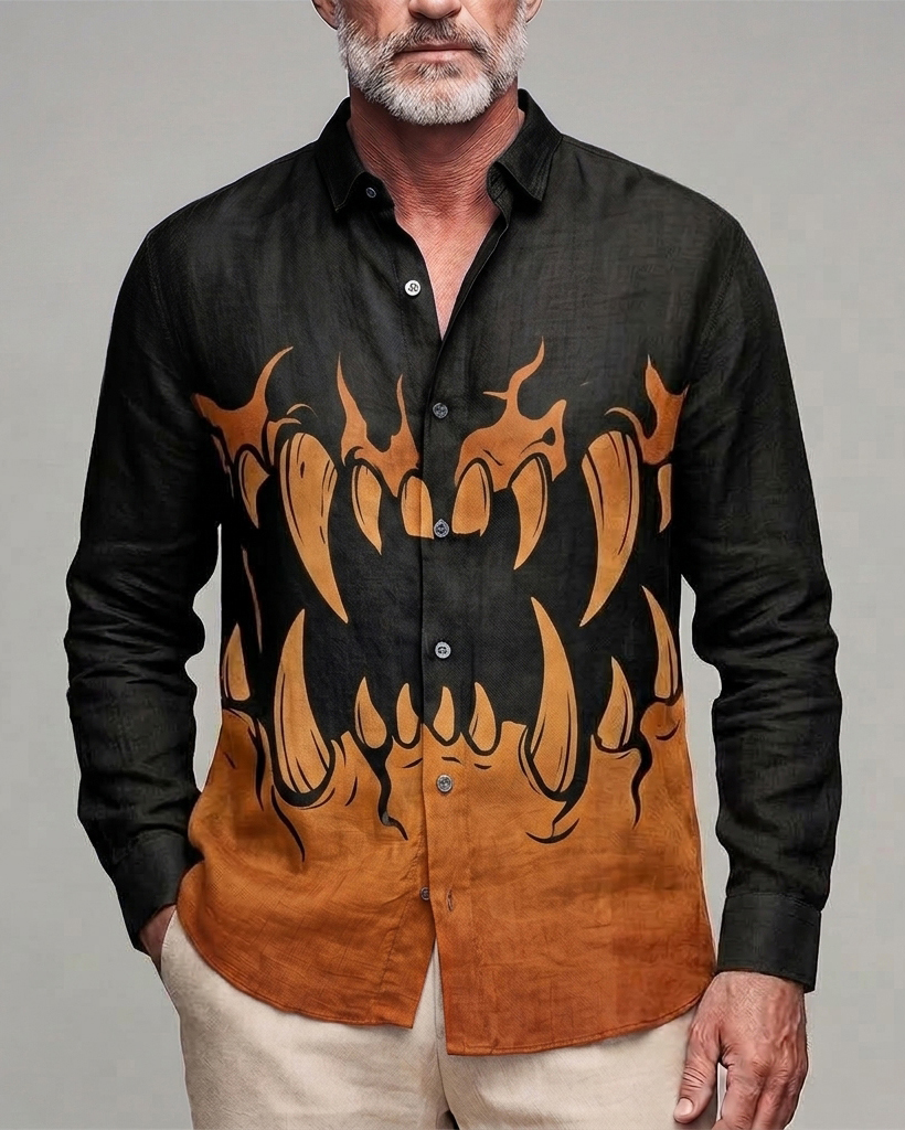 Men's Black Orange Gradient Demon Tooth Print Regular Fit Linen Blend Long Sleeve Shirt