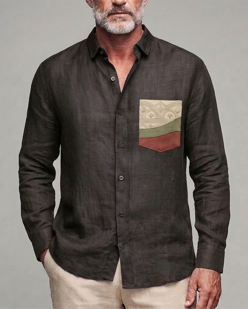 Men's Dark Brown Retro Patch Pocket Regular Fit Linen Blend Long Sleeve Shirt