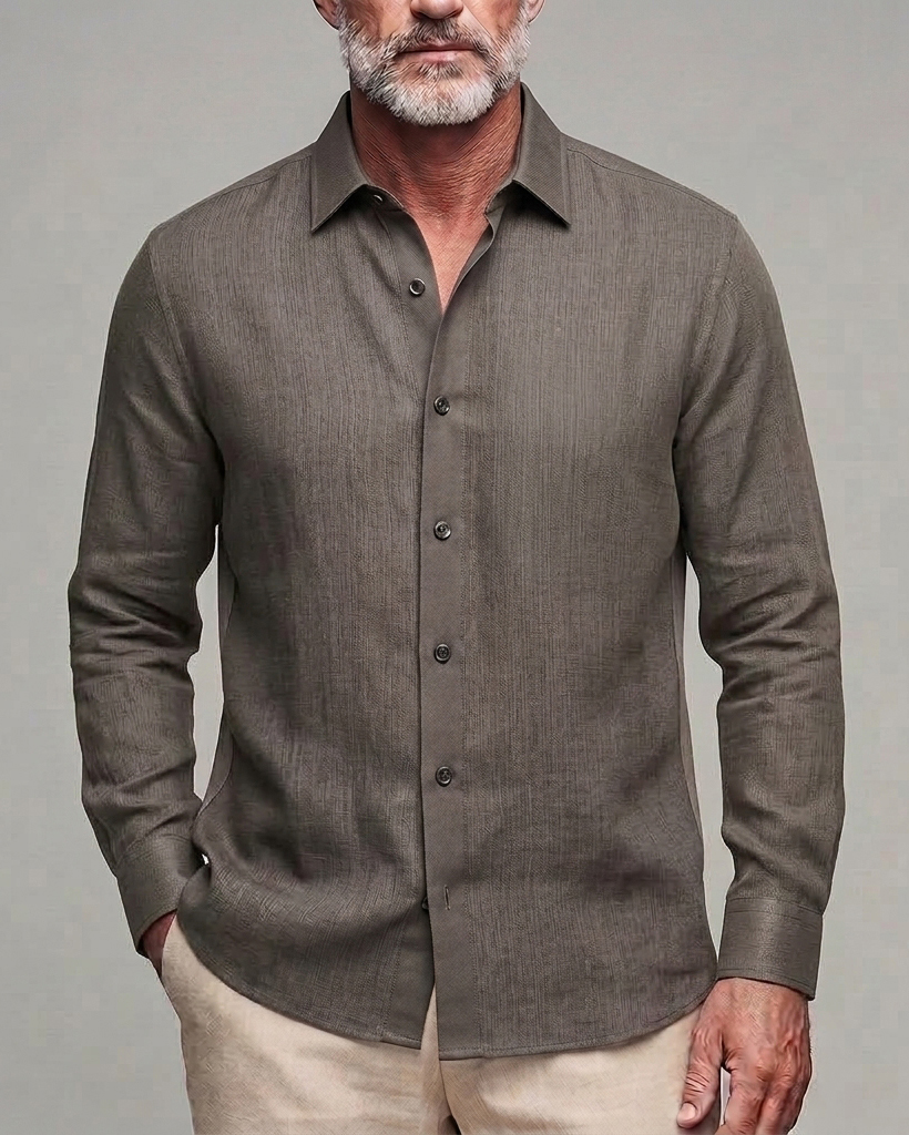 Men's Olive Grey Subtle Vertical Stripe Regular Fit Linen Blend Long Sleeve Shirt