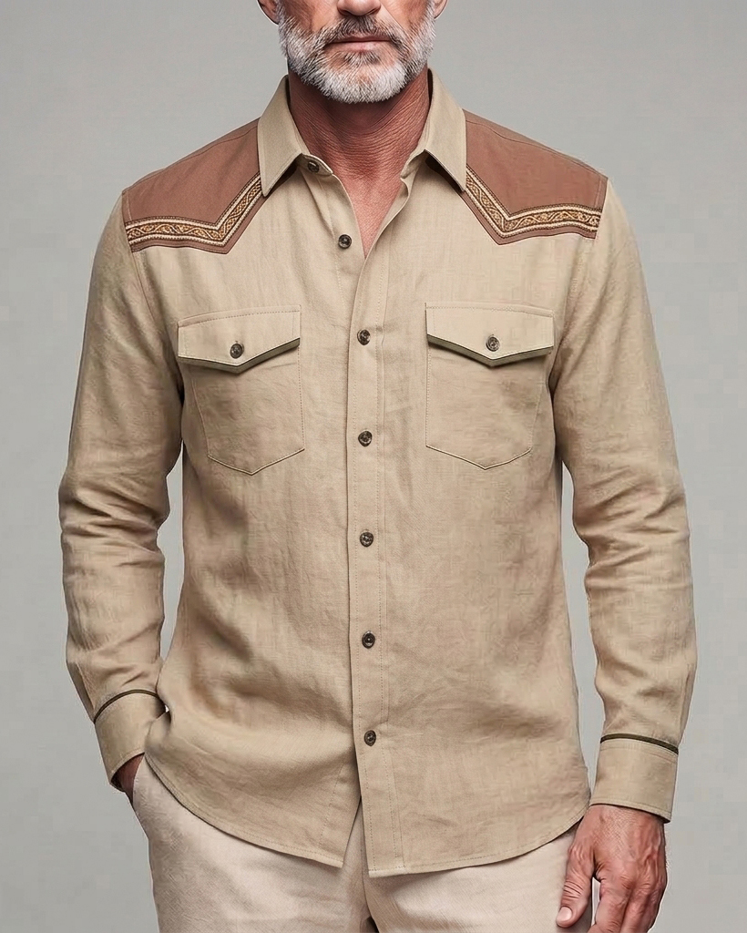 Men's Khaki Brown Western Embroidered Regular Fit Linen Blend Long Sleeve Shirt