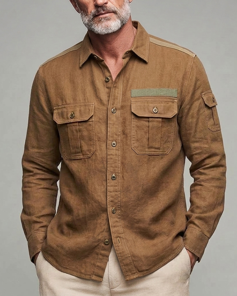 Men's Brown Multi-Pocket Utility Regular Fit Outdoor Linen Blend Long Sleeve Shirt