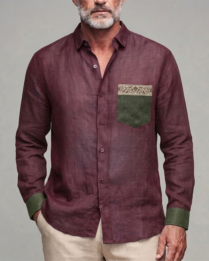 Men's Maroon Olive Patchwork Regular Fit Linen Blend Long Sleeve Shirt