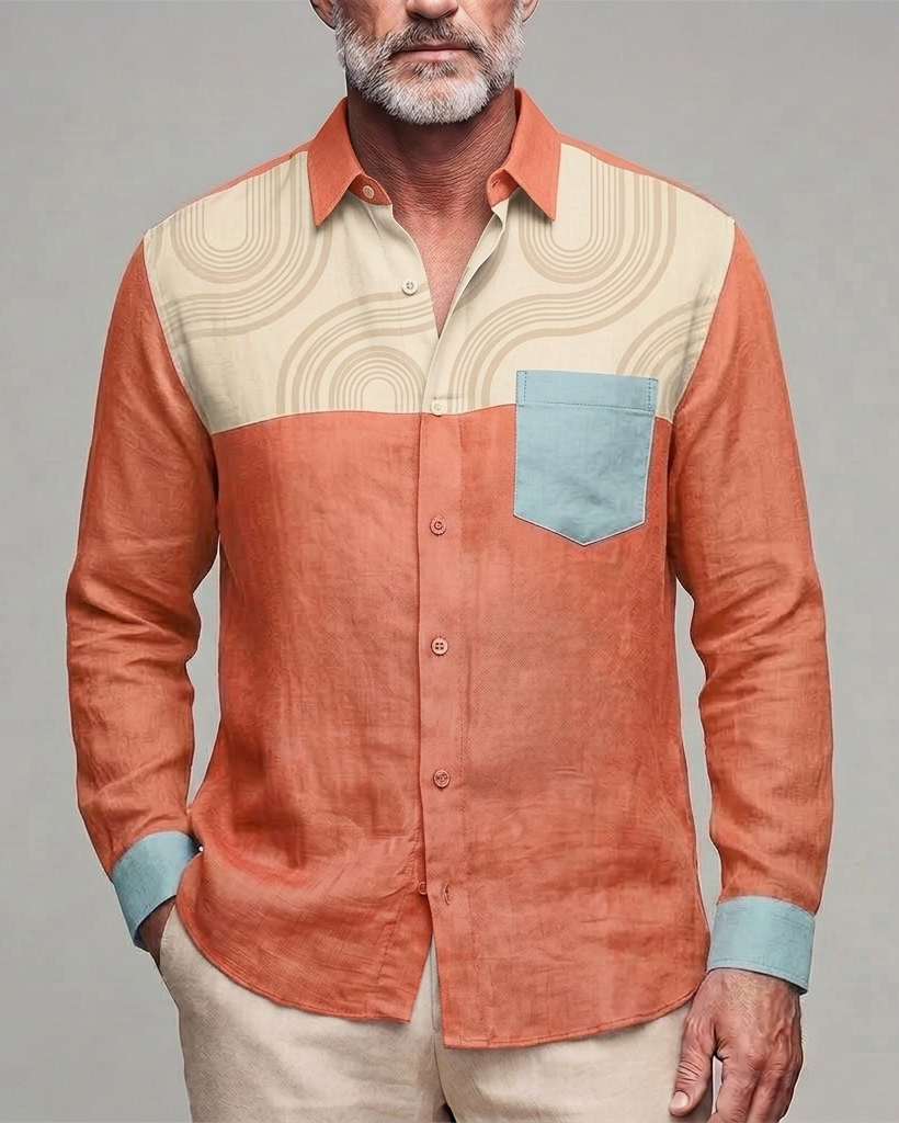 Men's Orange Beige Geometric Arch Print Regular Fit Linen Blend Long Sleeve Shirt