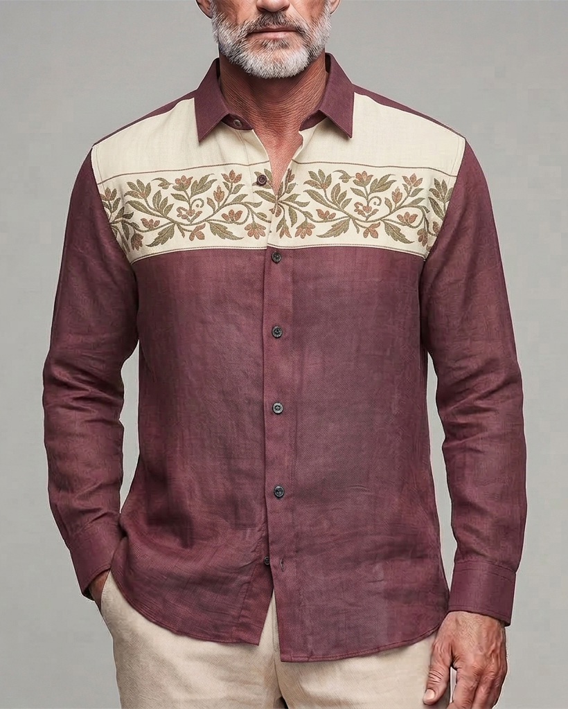 Men's Maroon Beige Floral Embroidered Regular Fit Linen Blend Long Sleeve Shirt