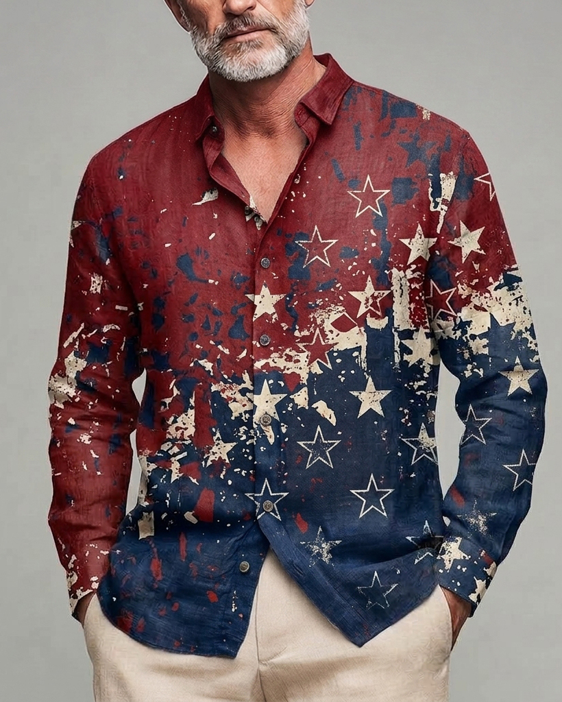 Men's Red Blue Star Splash Ink Regular Fit Linen Blend Long Sleeve Shirt