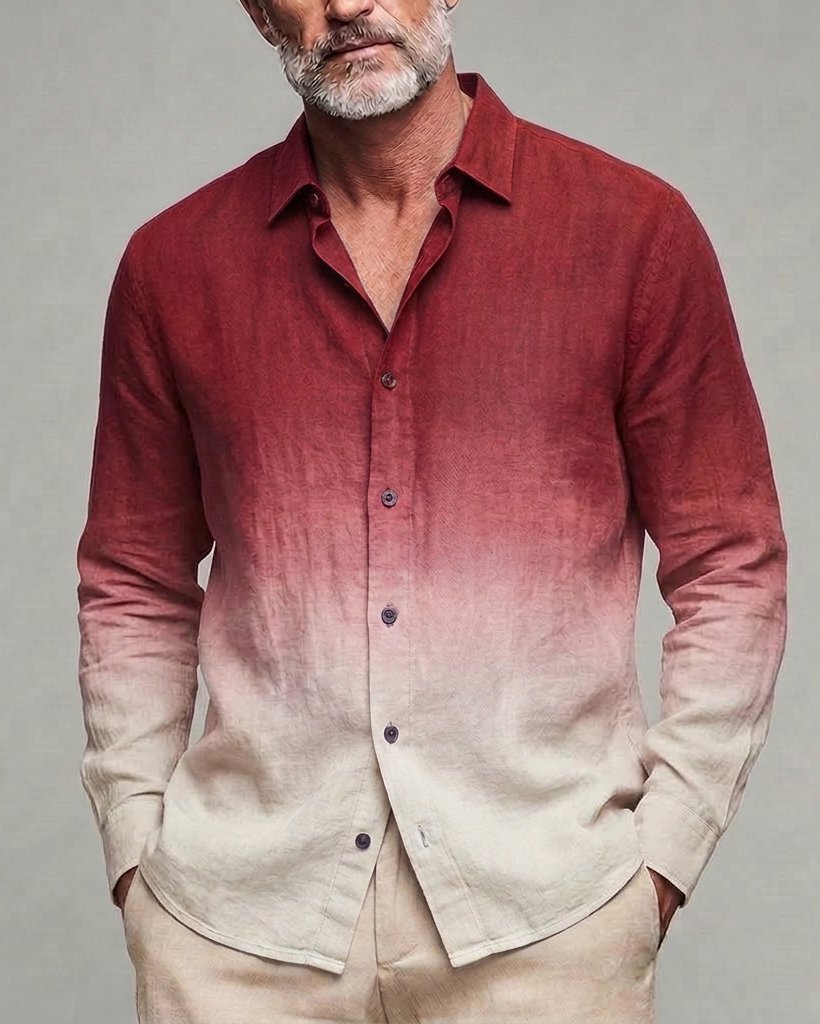 Men's Maroon Off-White Gradient Regular Fit Linen Blend Long Sleeve Shirt