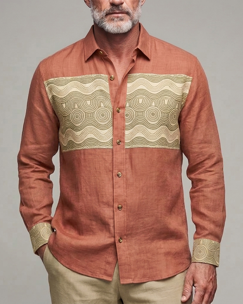 Men's Orange Gold Geometric Jacquard Regular Fit Linen Blend Long Sleeve Shirt