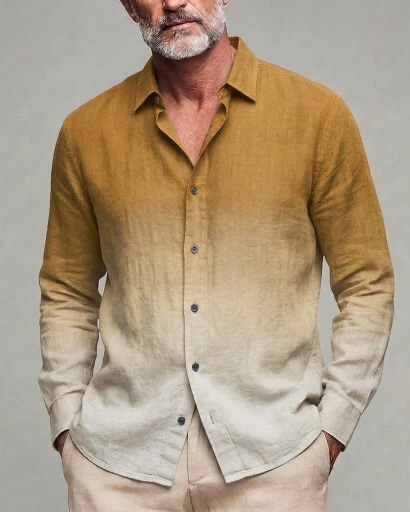 Men's Mustard Beige Gradient Regular Fit Linen Blend Long Sleeve Shirt