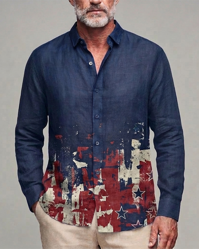 Men's Navy Red White Distressed Star Regular Fit Linen Blend Long Sleeve Shirt