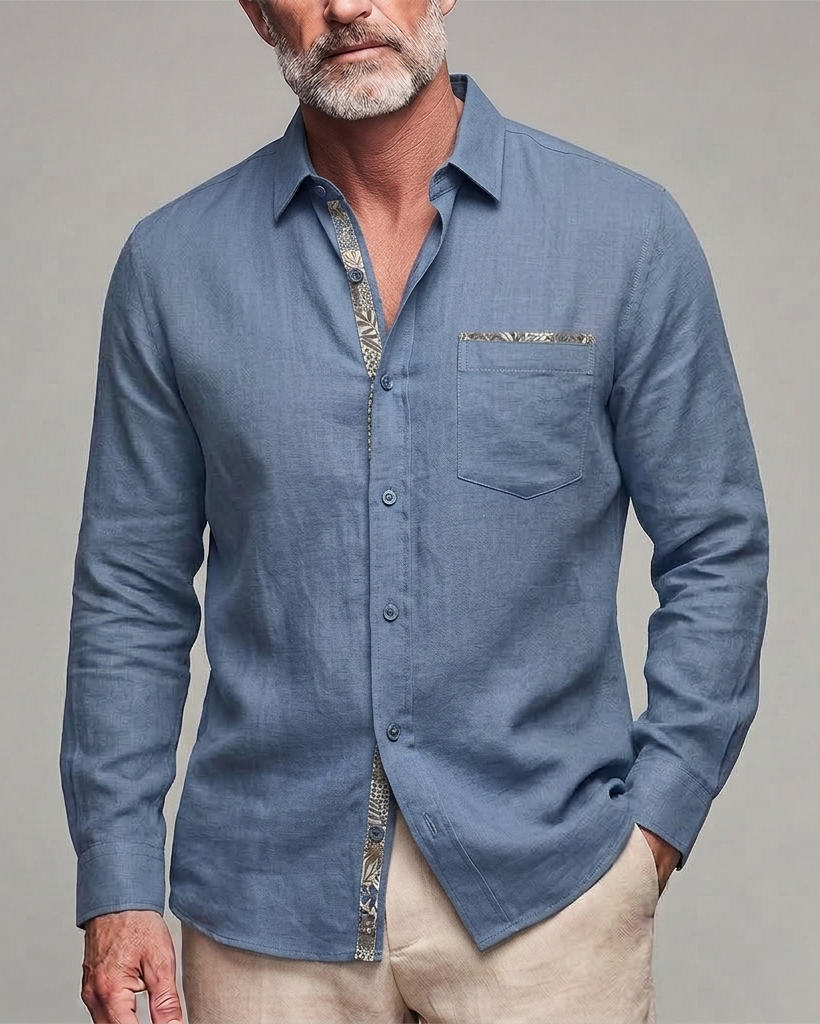 Men's Slate Blue Floral Trim Regular Fit Linen Blend Long Sleeve Shirt