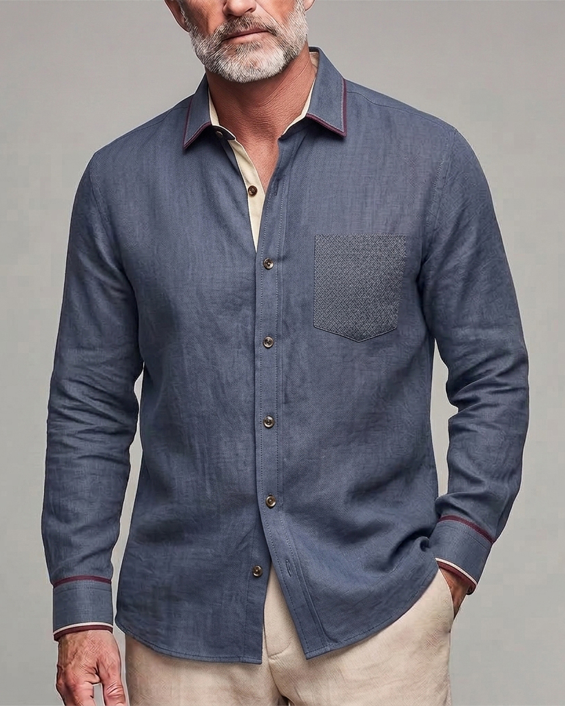 Men's Slate Blue Maroon Trim Regular Fit Linen Blend Long Sleeve Shirt