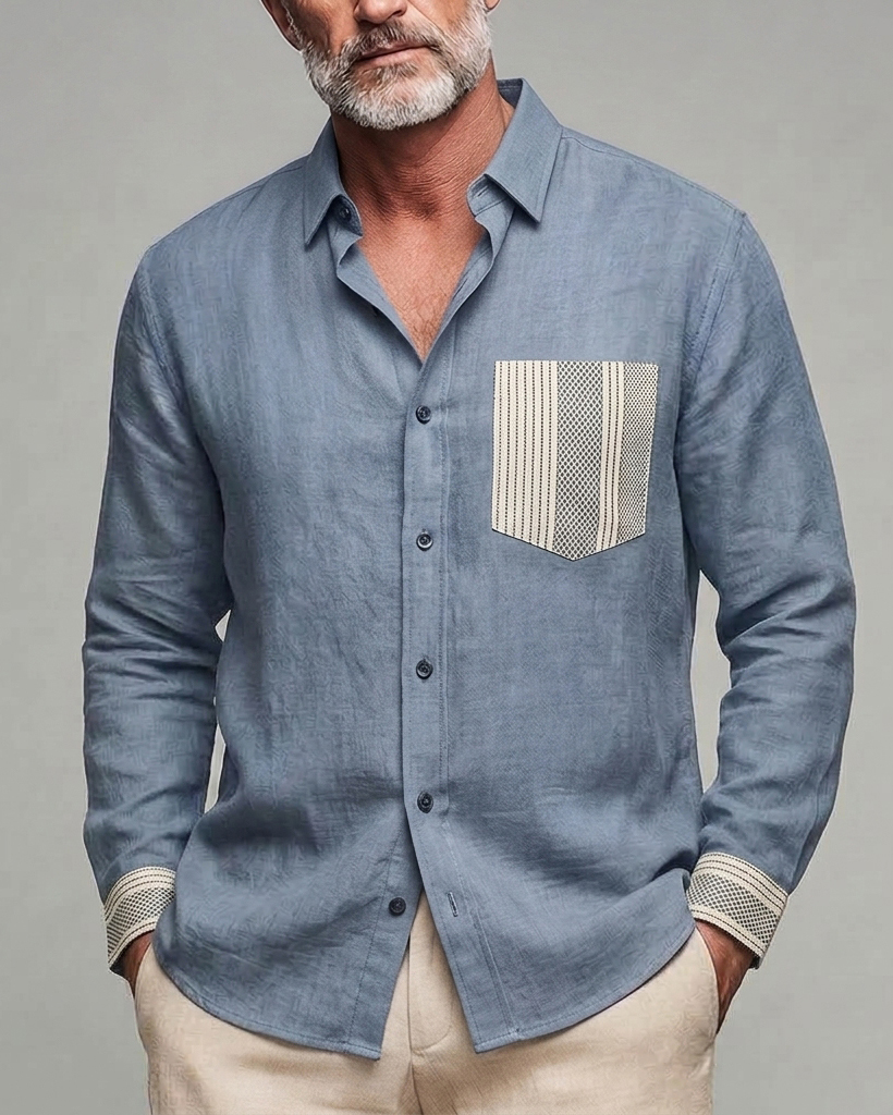 Men's Slate Blue Beige Stripe Pocket Regular Fit Linen Blend Long Sleeve Shirt
