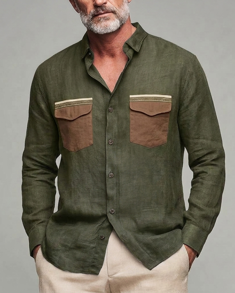 Men's Army Green Brown Pocket Regular Fit Linen Blend Long Sleeve Shirt
