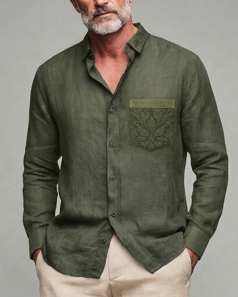 Men's Olive Green Botanical Embossed Pocket Regular Fit Linen Blend Long Sleeve Shirt