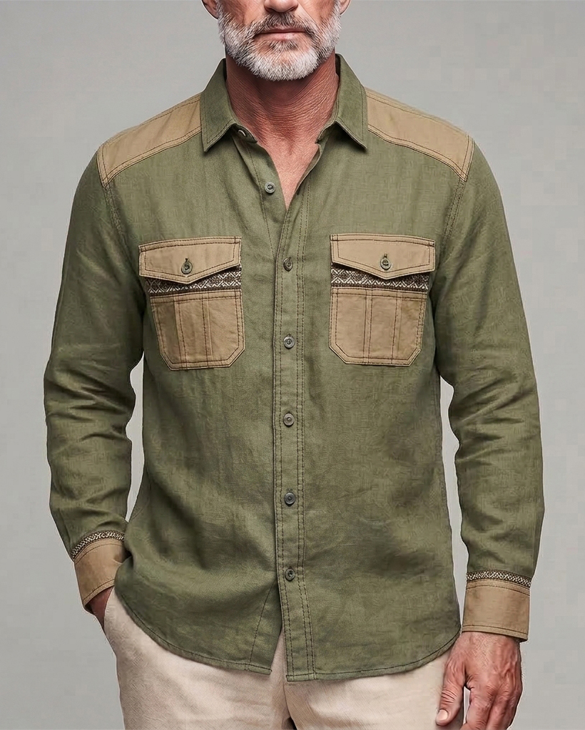 Men's Army Green Khaki Patchwork Woven Trim Regular Fit Linen Blend Long Sleeve Shirt