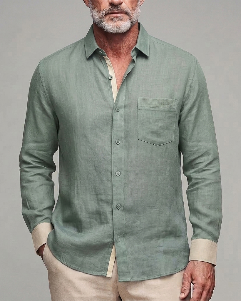 Men's Sage Green Beige Trim Regular Fit Linen Blend Long Sleeve Shirt