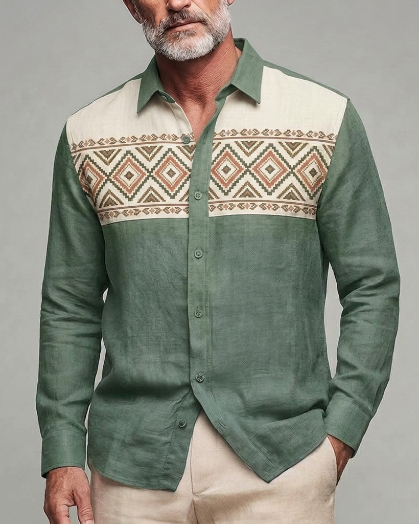 Men's Green Beige Ethnic Geometric Regular Fit Linen Blend Long Sleeve Shirt