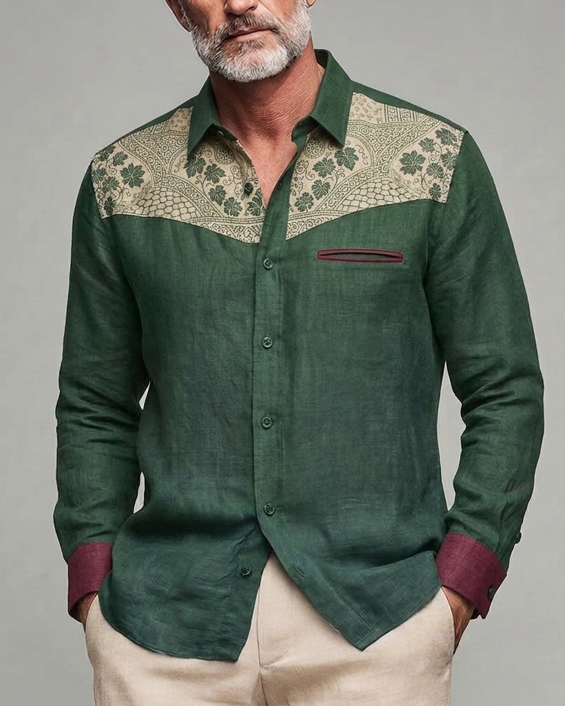 Men's Dark Green Paisley Patchwork Regular Fit Linen Blend Long Sleeve Shirt