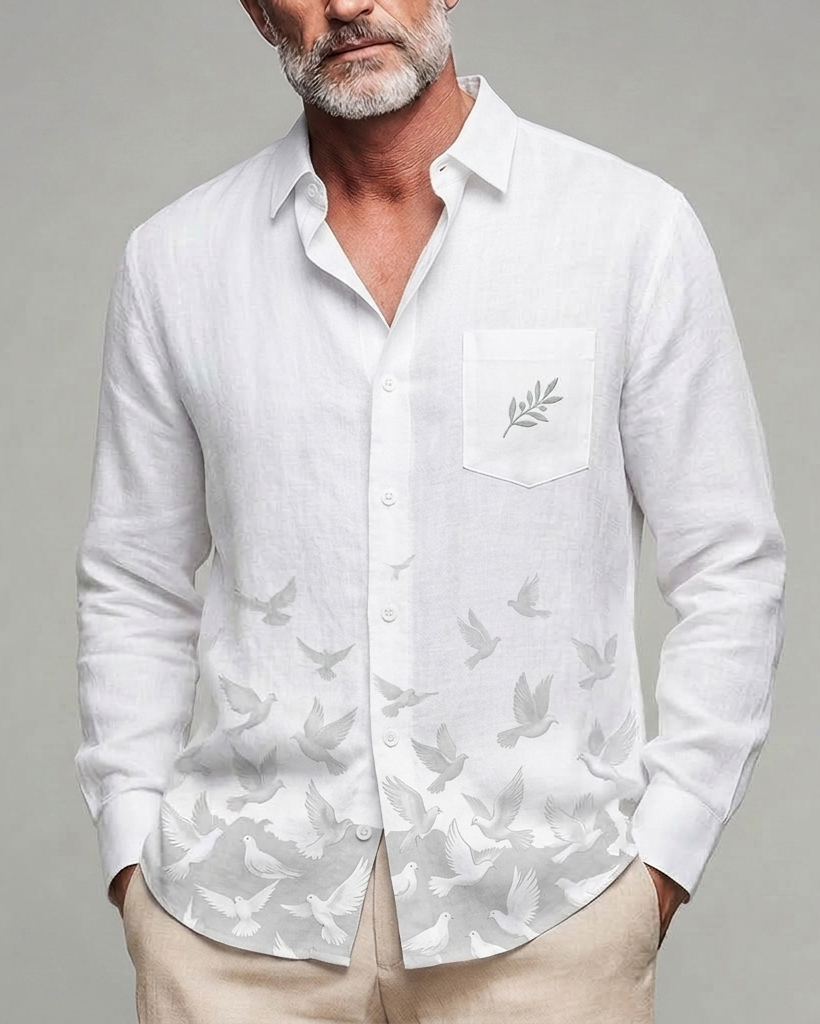 Men's White Grey Dove Olive Branch Regular Fit Linen Blend Long Sleeve Shirt