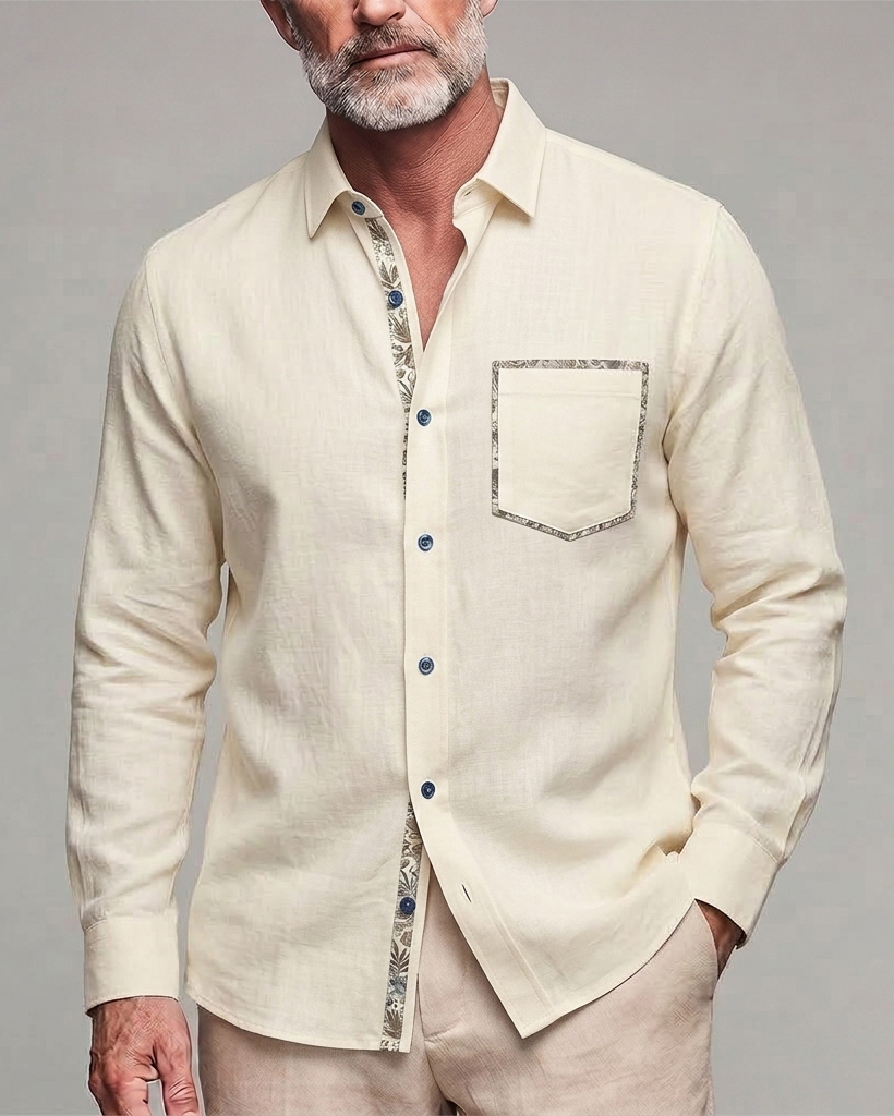Men's Cream Beige Retro Paisley Trim Regular Fit Linen Blend Long Sleeve Shirt