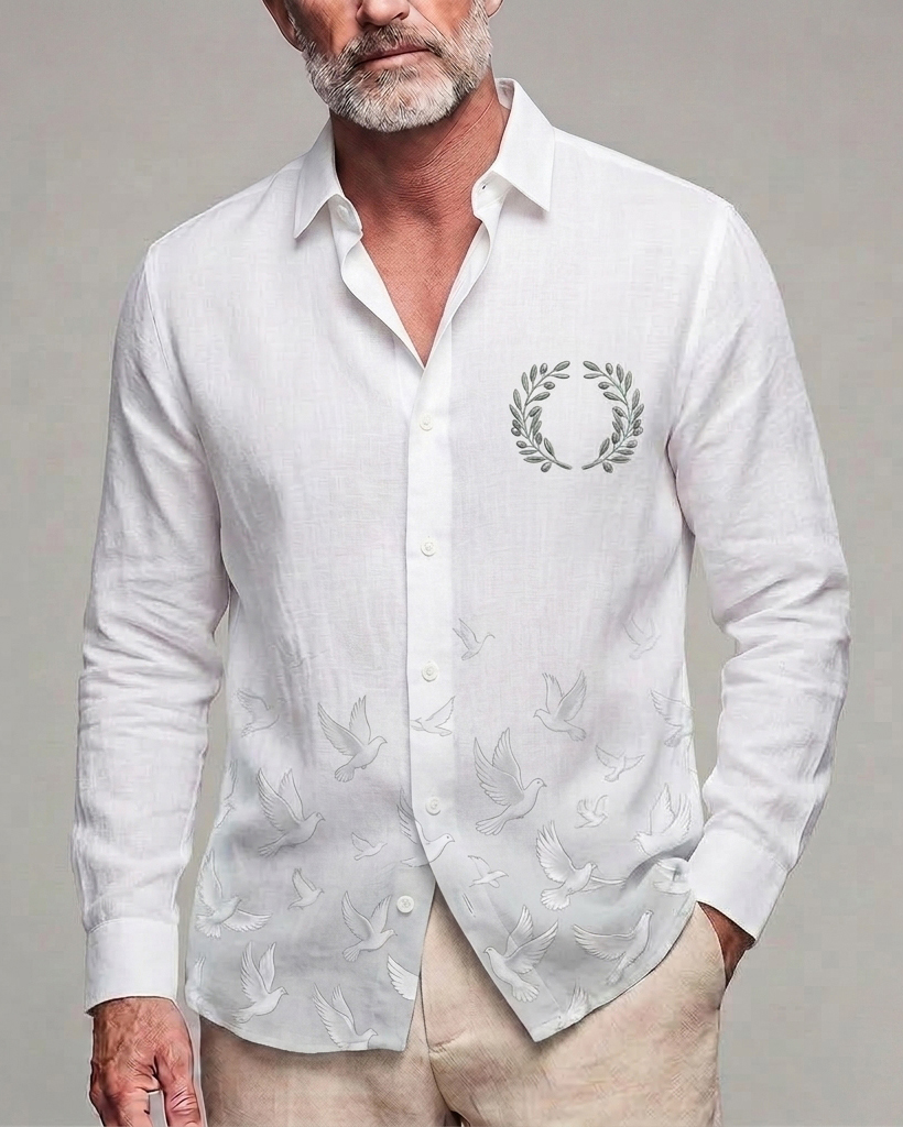 [Copy]Men's Cream Beige Retro Paisley Trim Regular Fit Linen Blend Long Sleeve Shirt
