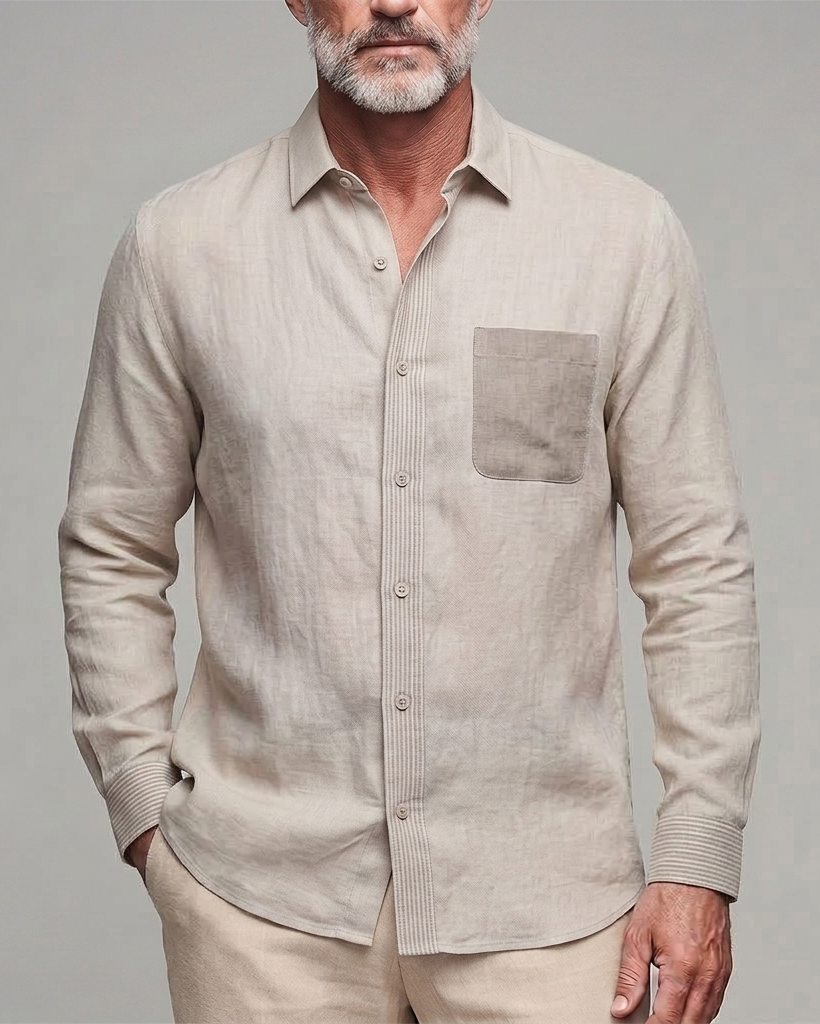 Men's Light Khaki Pinstriped Trim Regular Fit Linen Blend Long Sleeve Shirt