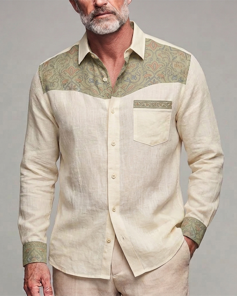 Men's Beige Green Scroll Patchwork Regular Fit Linen Blend Long Sleeve Shirt