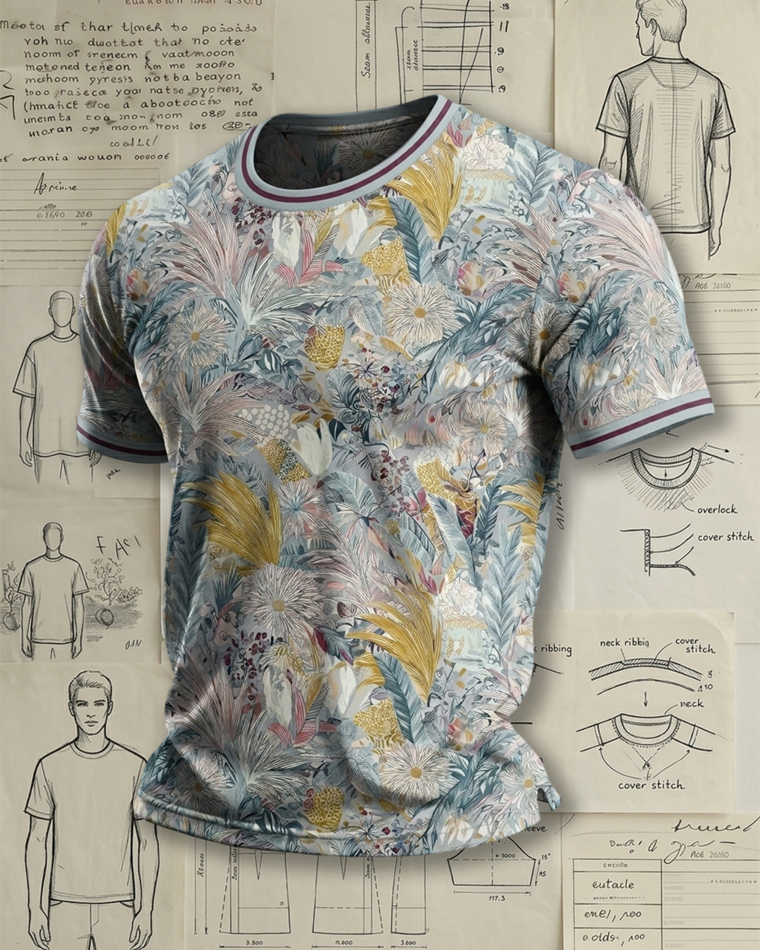 Men's Light Tropical Botanical Print Casual Crew Neck T-Shirt