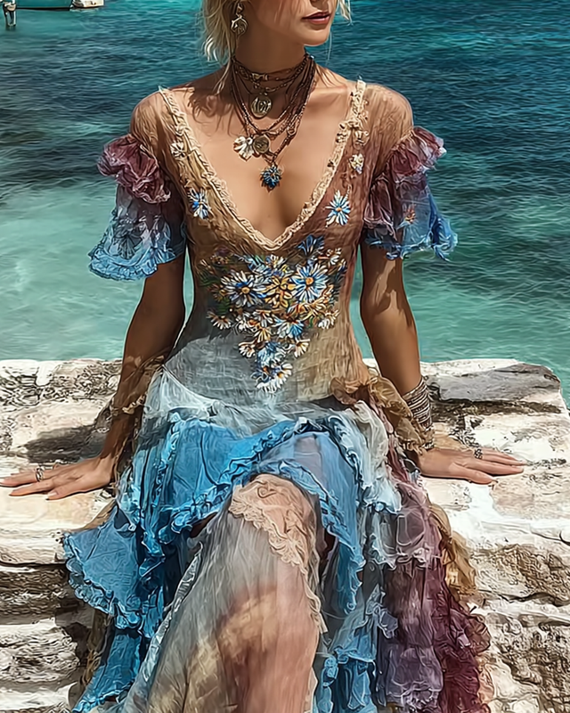 Summer Floral Embroidered Gradient Irregular Ruffle Dress 89c8