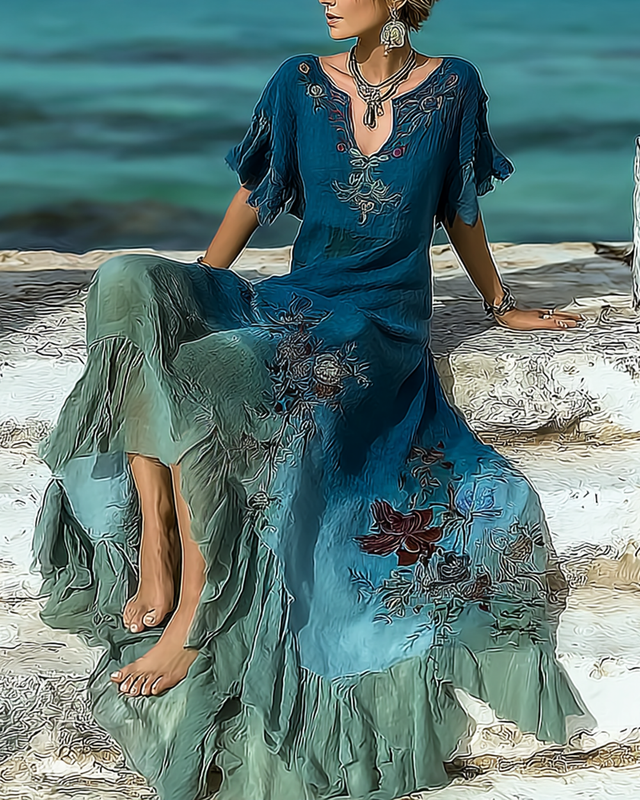 Summer Floral Embroidered Gradient Ruffle Dress a3b5