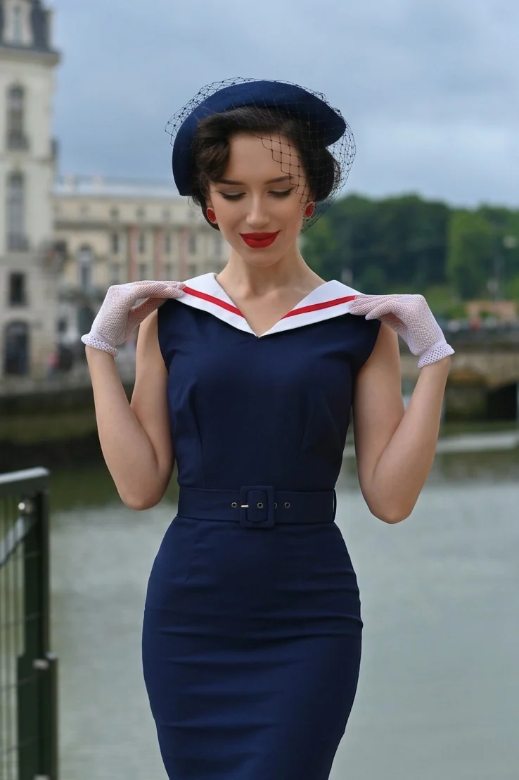 Sailor Navy Dress – 1950s-Inspired Elegant Pencil Dress