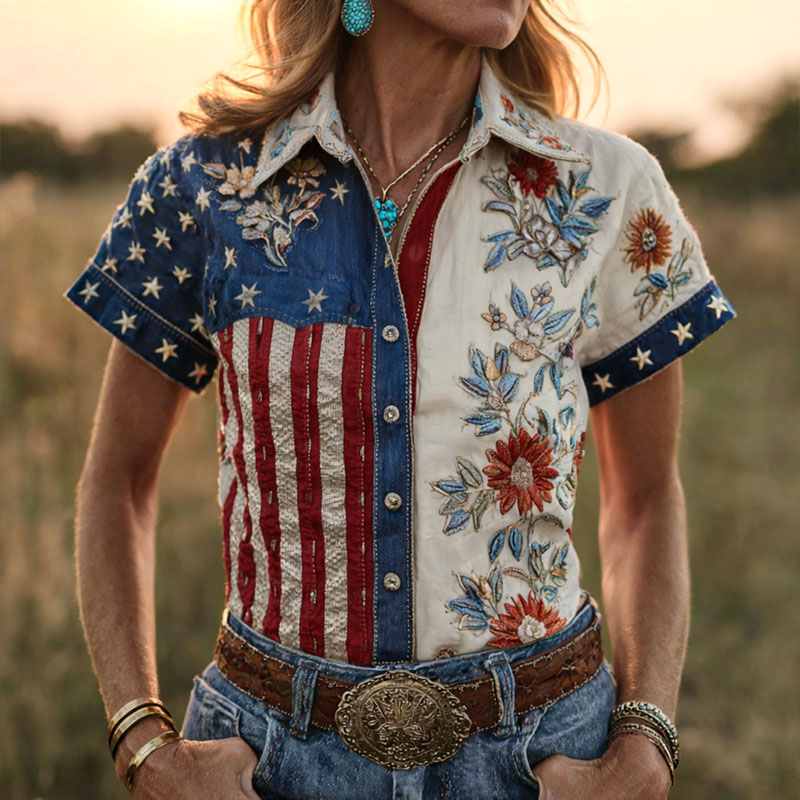 Women's American Flag Floral Embroidered Western Cowgir Shirt