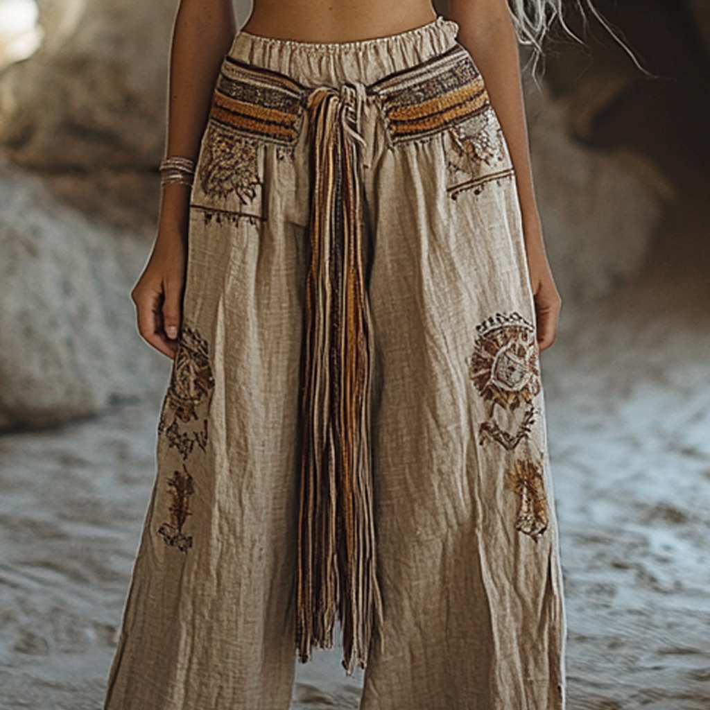 Bohemian Linen Print Ethnic Holiday Casual Pants