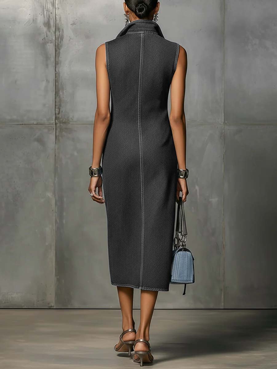 Women's sleeveless casual loose-fitting color-blocked denim dress with lapel collar
